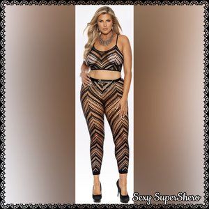 🆕PLUS Sexy Zig Zag Crochet Lingerie Cami top and Leggings Set